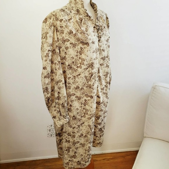 Vintage Tunic Dress Flowy Floral Cream & Brown / Size Large - Picture 1 of 4